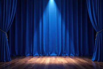 Empty stage, blue velvet curtains, single spotlight , rich, illumination, elegant setting
