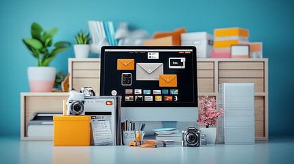 Modern workspace with computer, printer, and camera equipment.  Organized desk with email and file management software displayed on screen..