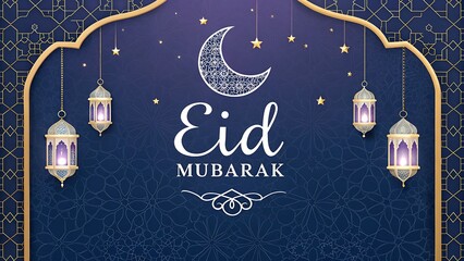 A Radiant Eid Mubarak Celebration Featuring Elegant Lanterns, A Crescent Moon, And Intricate Gold Detailing On A Rich Navy Background