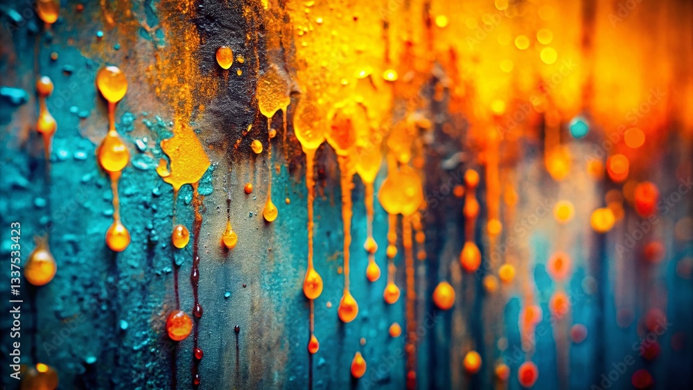 Poster abstract vibrant paint drips on concrete texture background with bokeh effect