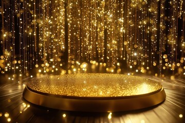 Obraz premium Golden pedestal with sparkling lights in a luxurious setting.