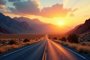 Fototapeta premium Golden hour light bathes desert road, majestic mountains at horizon , rocks, countryside