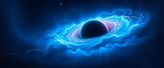 Obraz premium Ethereal blue nebula swirls around a vibrant planet, distant stars glitter, mystery, cosmic