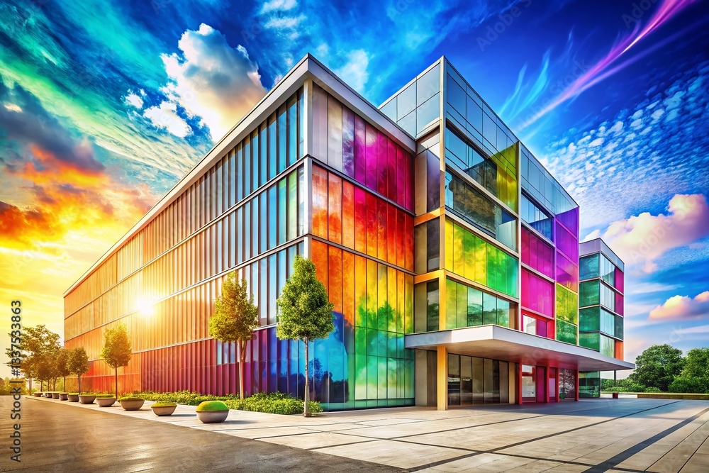 Poster abstract watercolor architecture: eight colorful blobs on modern building facade