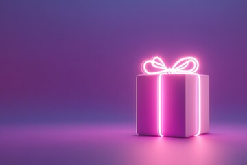 Glowing neon pink gift box against a vibrant purple backdrop.