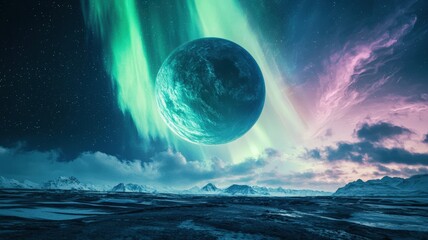 Breathtaking sci-fi landscape view from a moon's surface, showing a massive gas giant and a vibrant aurora lighting up the sky.
