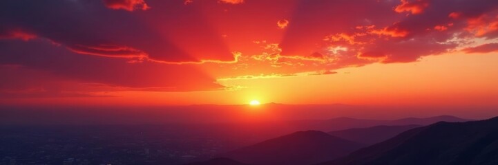 Naklejka premium Fiery red and orange hues across a vast sky at sunset, horizon, sunset