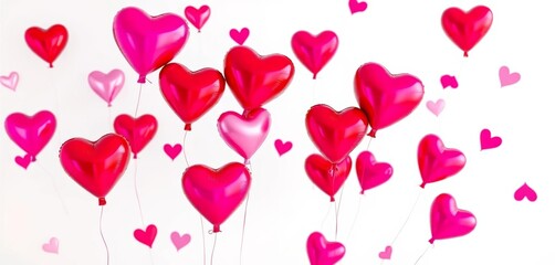 Obraz premium Floating heart-shaped balloons, vibrant red and pink, against a white background, love, background