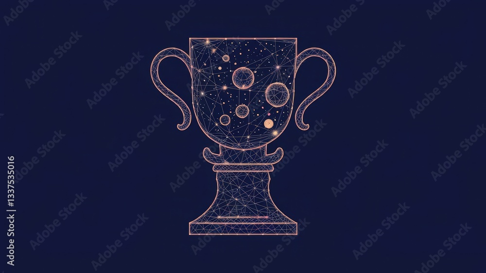 Poster abstract image of a champion cup in the form of a starry sky or space, consisting of points, lines, 