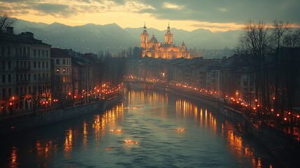 Cityscape at twilight, river flowing through urban area.  Evening ambiance with illuminated buildings and a church