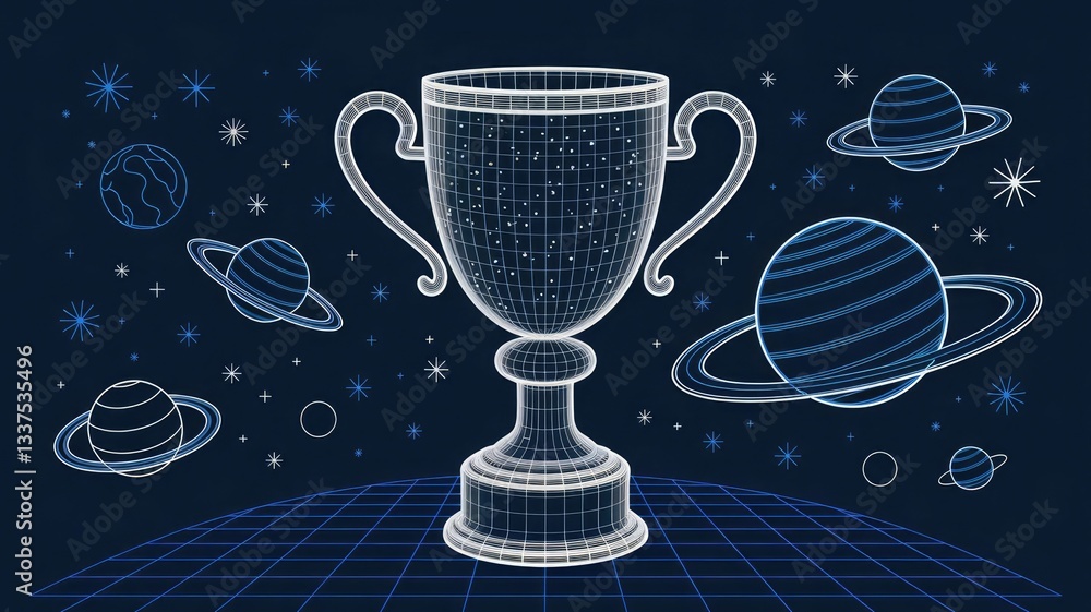 Poster abstract image of a champion cup in the form of a starry sky or space, consisting of points, lines, 