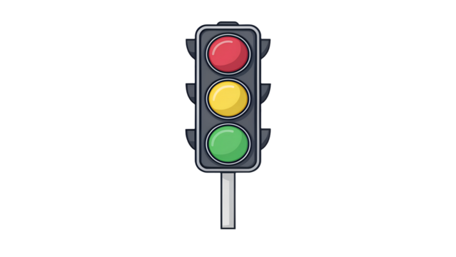 A cartoon traffic light with red yellow and green lights on a black background illustration artisolated on transparent background	
