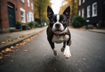 boston terrier adorable doggy running otdoors in the streets of a modern city, dog playing outdoor on the road