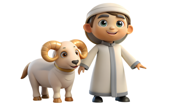 Cartoon boy in traditional arab clothing standing next to a cartoon ram on a black backgroundisolated on transparent background	