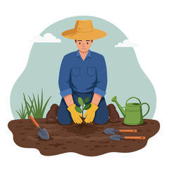 Man Planting Seedling in Garden with Tools and Watering Can