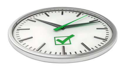 A clock with silver frame and green hands and a green check mark on a black backgroundisolated on transparent background	