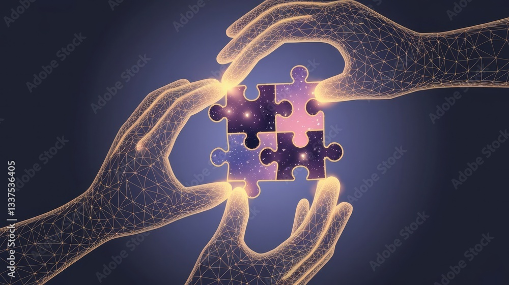 Poster abstract image of a hands collect puzzle in the form of a starry sky or space, consisting of points,