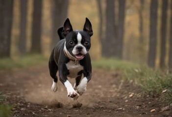 boston terrier adorable doggy running in the countryside, purebred pet playing outdoor in the meadown