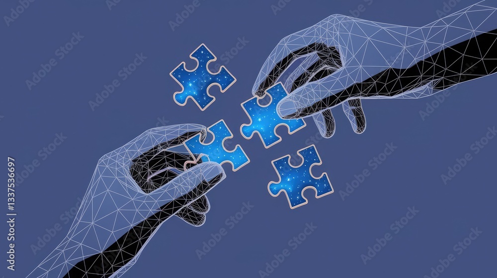 Poster abstract image of a hands collect puzzle in the form of a starry sky or space, consisting of points,