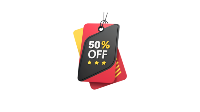 A promotional tag showing a fifty percent off discount with stars on a black background isolatedisolated on transparent background	