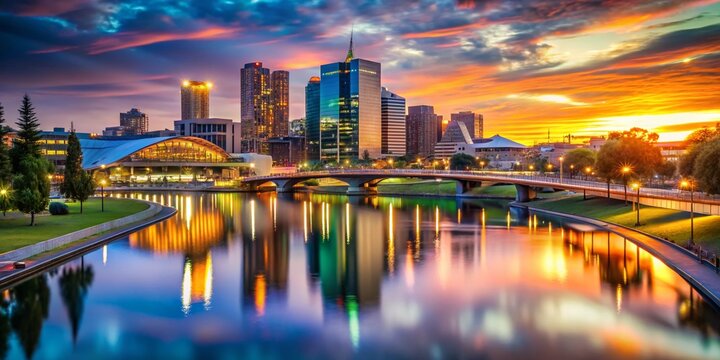 Adelaide Cityscape: Riverbank Bridge at Dusk with Bokeh Lights