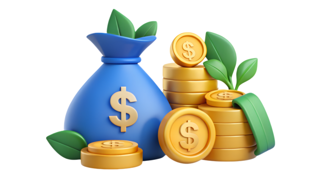 A blue money bag with dollar sign next to stacks of gold coins and green leaves on black backgroundisolated on transparent background	