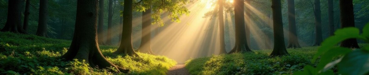 Sunbeams pierce dense forest canopy, dappled light on forest floor, sunlight, evergreen, tranquil