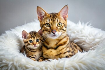 Naklejka premium Adorable Bengal Cat and Kitten on Fluffy White Blanket – Stock Photo