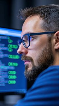 Focused IT Professional Writing Code on Computer Screen in Modern Office Setting, Highlighting Technology, Software Development, and Programming Expertise with Eyeglasses