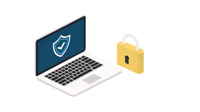 Isometric laptop with security shield on screen and a yellow padlock on a black backgroundisolated on transparent background	