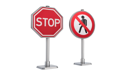 Isolated rendering of a stop sign and a no pedestrian sign on a black background display of safetyisolated on transparent background	