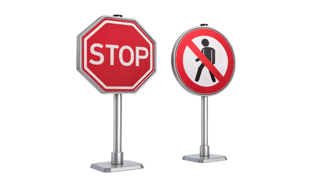 Isolated rendering of a stop sign and a no pedestrian sign on a black background display of safetyisolated on transparent background	