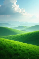 Obraz premium Thick mist clings to green fields, wispy clouds drift above, tranquil, calm, farm