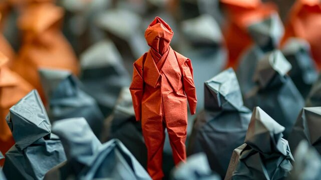 Origami figures in crowd highlighting a red figure among gray ones, emphasizing social discrimination