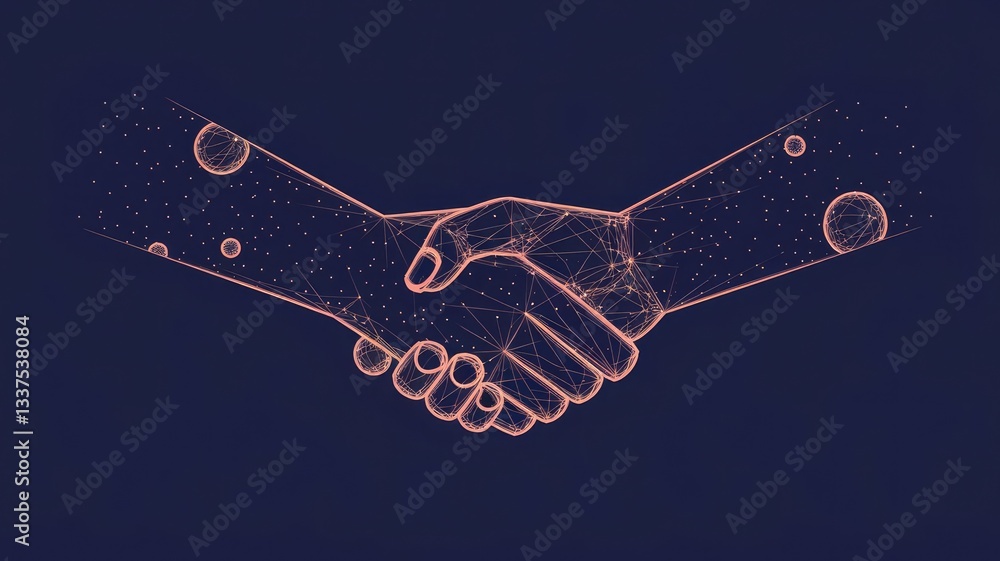 Poster abstract image of brotherly handshake in the form of a starry sky or space, consisting of points, li