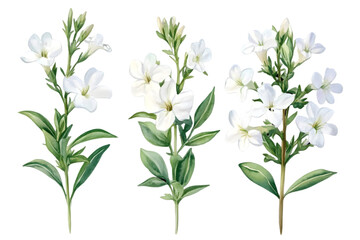 Fototapeta premium Three Branches of White Flowers with Green Leaves Isolated on Transparent Background Detailed Botanical Illustration of Blooming Flowers for Decoration