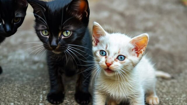 White kitten surrounded by black kittens on pavement, highlighting social exclusion and discrimination