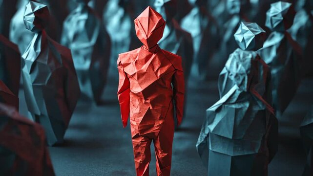 Origami figures in blue crowd, one red figure stands out highlighting social discrimination concept