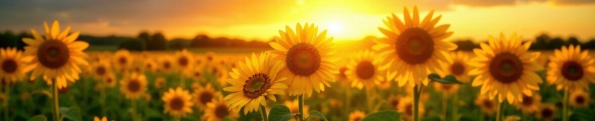 Obraz premium Vibrant sunflowers in a field bathed in golden sunlight, macro, flora