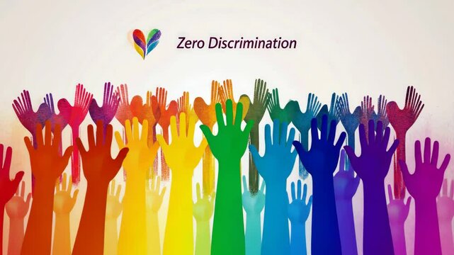 Vibrant rainbow-colored hands raised together in unity symbolizing zero discrimination and inclusivity