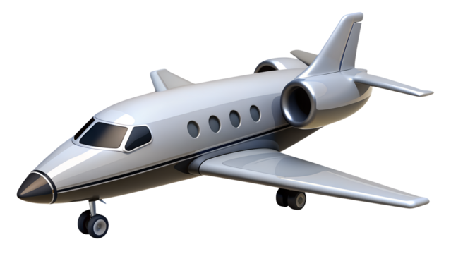 A glossy private jet with visible engines and landing gear against a black isolated backgroundisolated on transparent background	