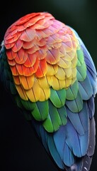 Obraz premium Vibrant bird feathers in a spectrum of colors, from fiery orange to deep teal.