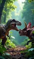 Tyrannosaurus Rex vs Triceratops, prehistoric clash in vibrant jungle, herbivore, jurassic, landscape