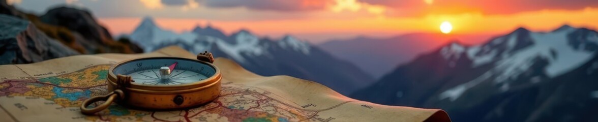 Aged compass rests on worn map, vibrant sunset illuminates distant peaks , landscape, exploration, direction