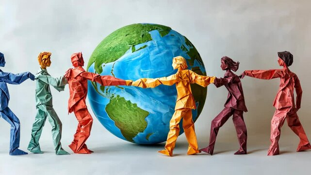 Diverse paper people holding hands in unity around a textured earth globe, symbolizing racial discrimination