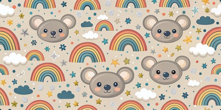 Fototapeta Adorable Koala Rainbow Cloud Pattern: Kids Fabric Print Design