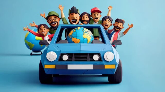 Diverse group of friends in blue car celebrating unity with globe on roof, promoting equality and diversity against discrimination