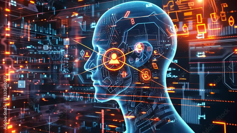 Poster exploring a digital human head with circuits and glowing data in a futuristic environment