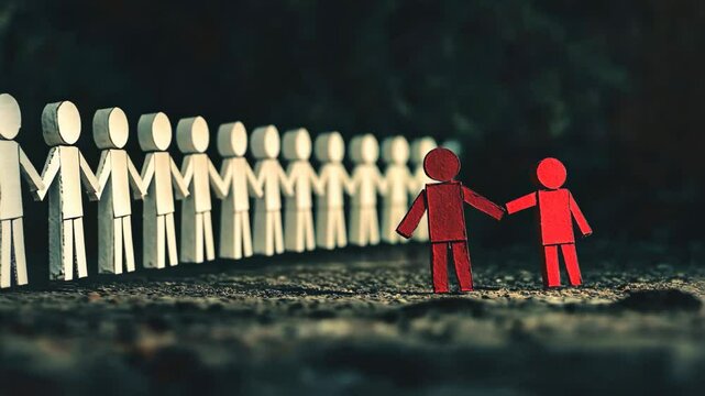 Two red figures standing together in front of a line of white figures, symbolizing social exclusion and discrimination