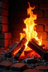 Crackling fire, glowing embers, warm brick surround, comfort, fire, black